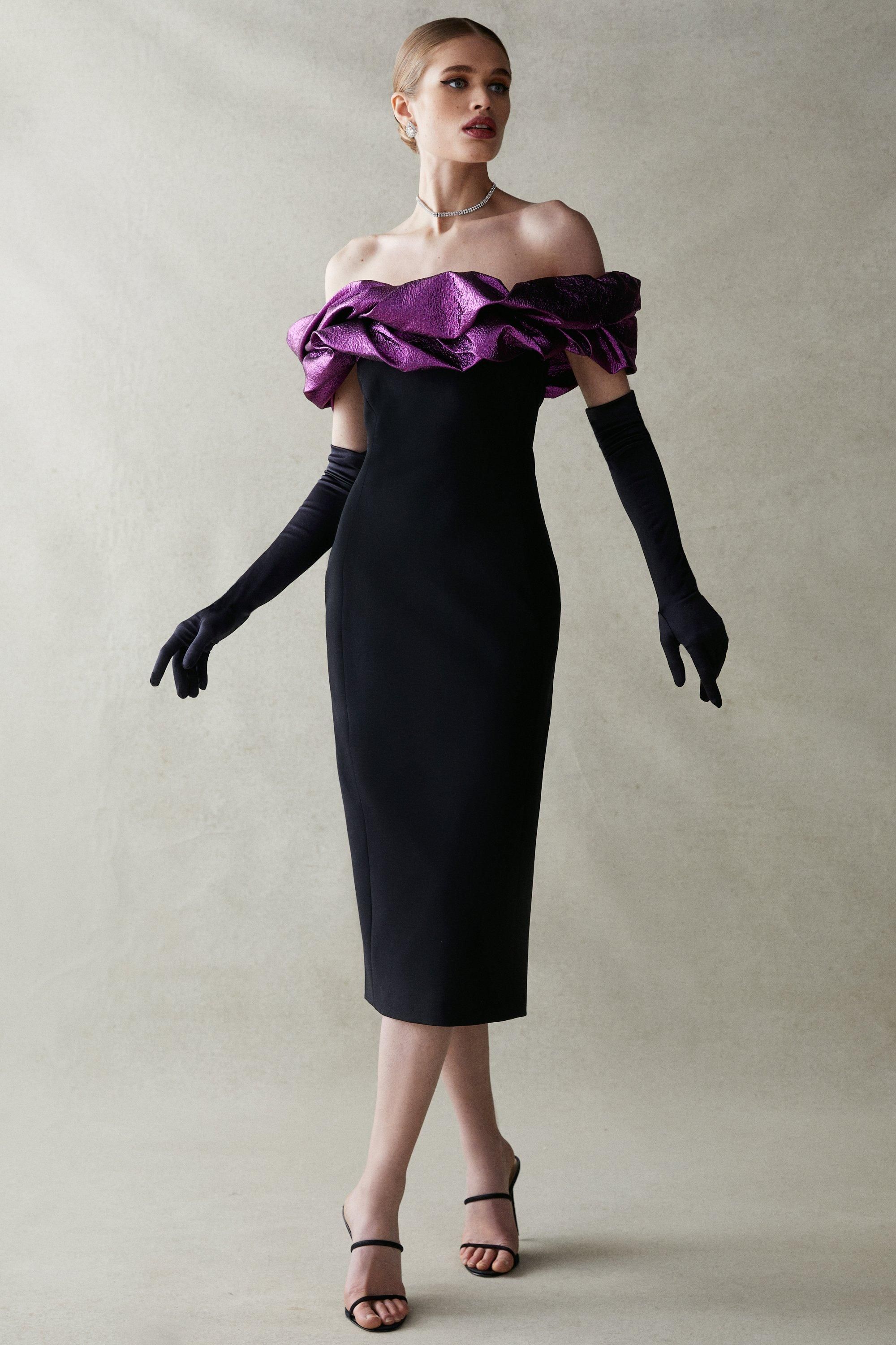 Sparkle Jacquard Contrast Bardot Pencil Dress | Karen Millen UK & IE