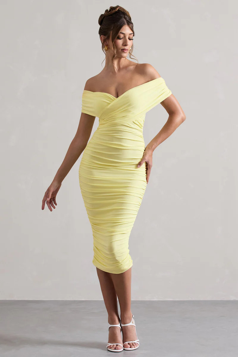 Unwrapped  Lemon Ruched Twist Bardot Midi Dress | Club L London