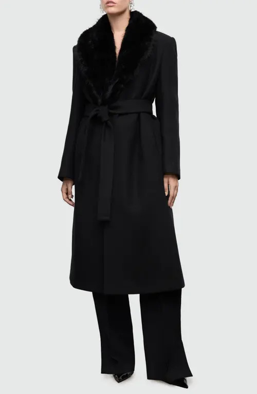MANGO Manteco Belted Longline Trench Coat with Removable Faux Fur Collar in Black at Nordstrom, Size 4X | Nordstrom