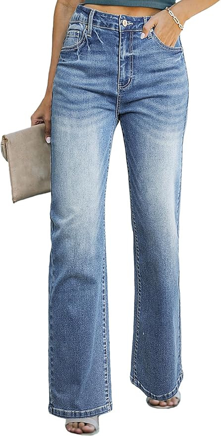 Sidefeel Women's Wide Leg Jeans Casual High Waisted Straight Stretch Denim Pants with Pockets | Amazon (US)