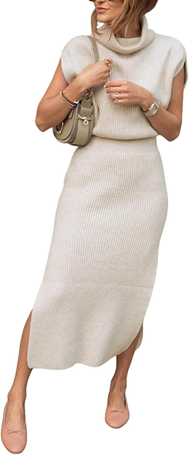 Sweater Dress for Women Sleeveless Turtleneck Pullover Sweaters Ribbed Knit Bodycon Midi Dress with Side Slit | Amazon (US)