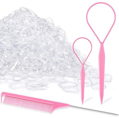 TsMADDTs 1000pcs Clear Small Rubber Elastics with Hair Loop Styling Tool Set,1000pcs Rubber Hair Ties 2Pcs French Braid Tool Loop 1Pcs Rat Tail Combs for Braiding Styling,Pink