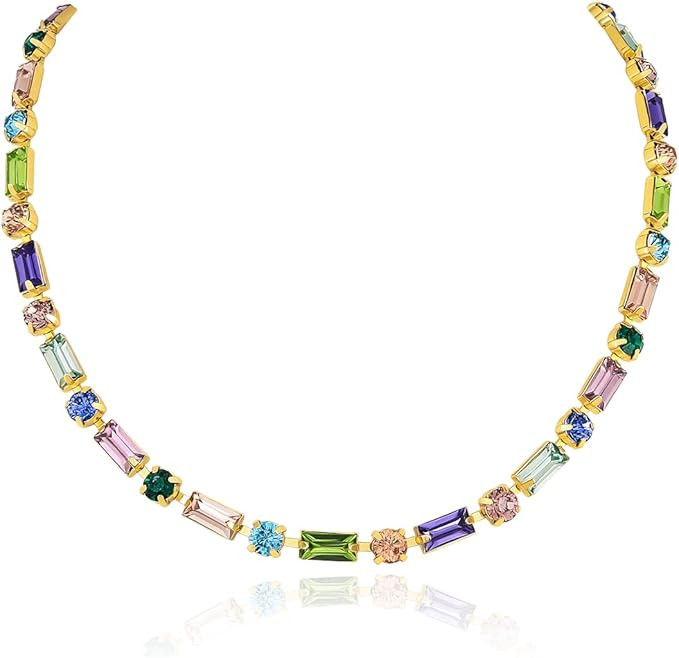 Planch Gold Colorful Gemstone Necklace Women: Cute Sparkly Multicolor Stone Crystal Strand Weddin... | Amazon (US)