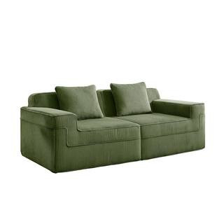 40.55 in. Armless 2-piece Corduroy Cloud Sectional Sofa with Deep Seat and Throw Pillows in Green | The Home Depot