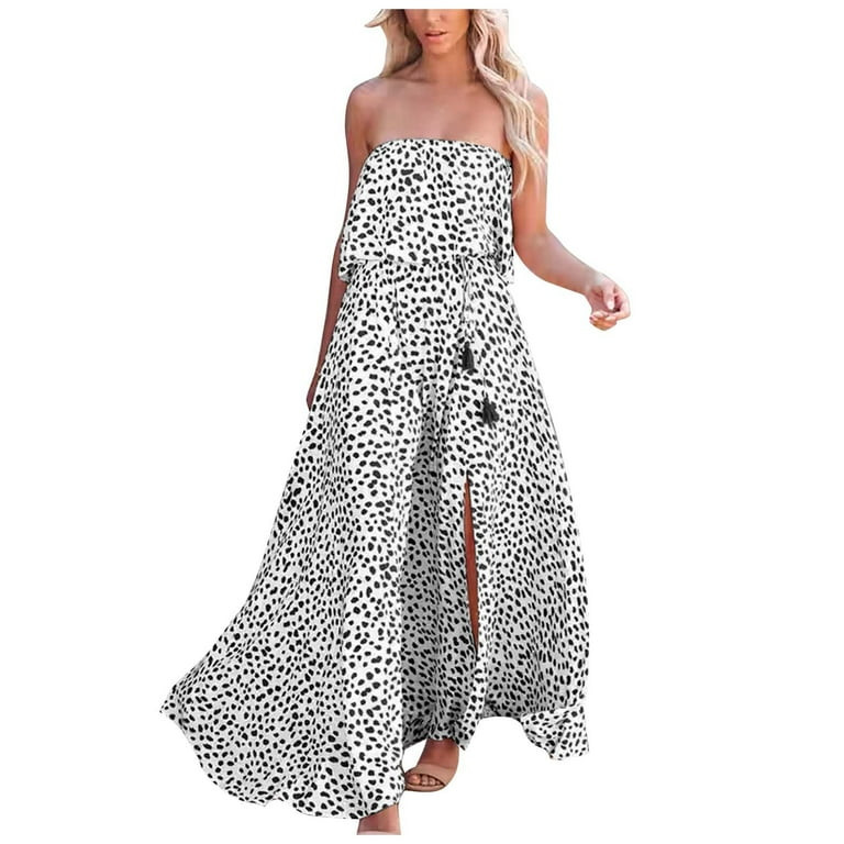 Stamzod White Dress Women Spring And Summer Leopard Print One-line Shoulder Ruffle Split Dress Wh... | Walmart (US)