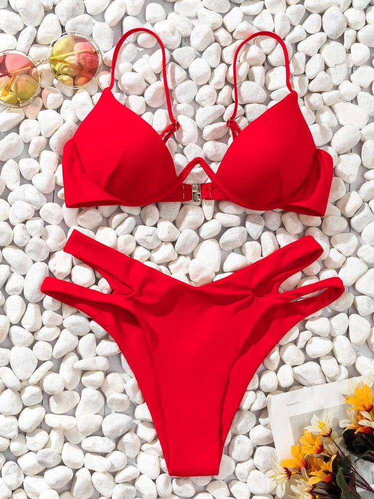 Solid Bikini Set Underwire Buckle Back Bra & Cut-Out High Cut Bottom 2 Piece Bathing Suit | SHEIN