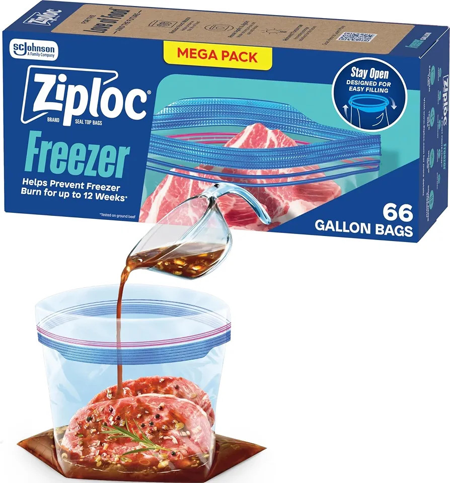 Ziploc Gallon Freezer Bags, Food Storage, Stand-Up Bottom, 66 Count | Amazon (US)