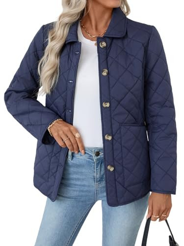 Merryfun Women’s Casual Quilted Jacket, Diamond Stitch Button Up Puffer Coat Long Sleeve Outerwear with Pockets,Blue L | Amazon (US)