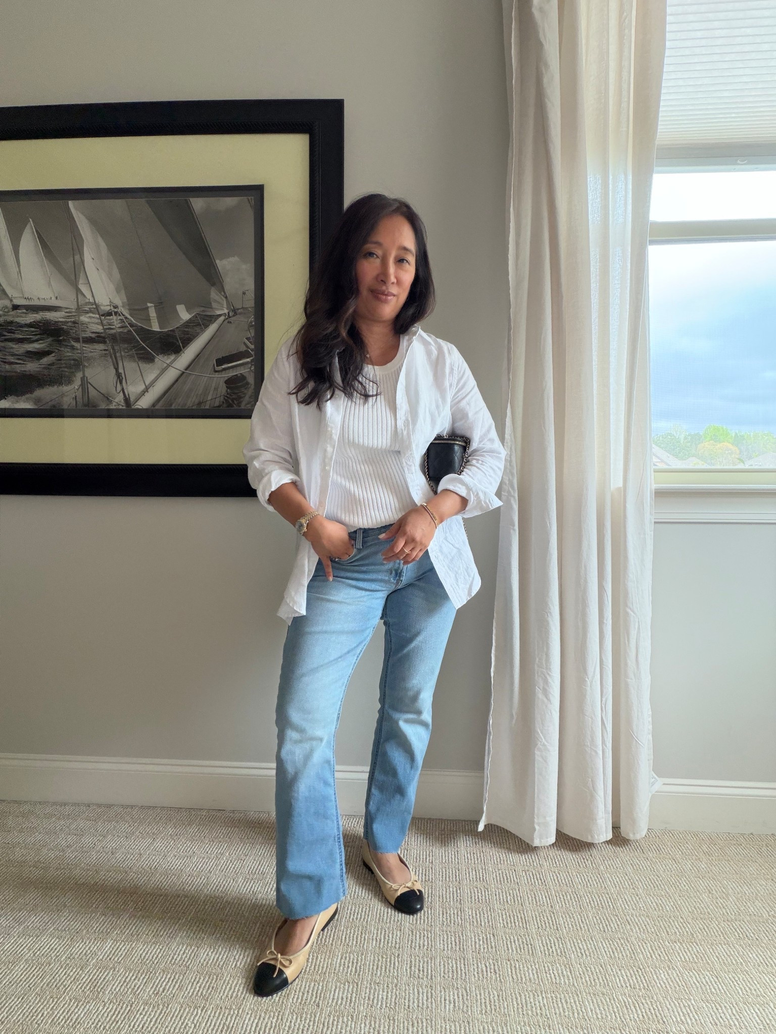 The easiest chic casual look! Linen top, size small, denim -size 8, I cut the hem to top of foot, and of course Chanel flats 😆

#LTKPetite #LTKOver40 #LTKMidsize