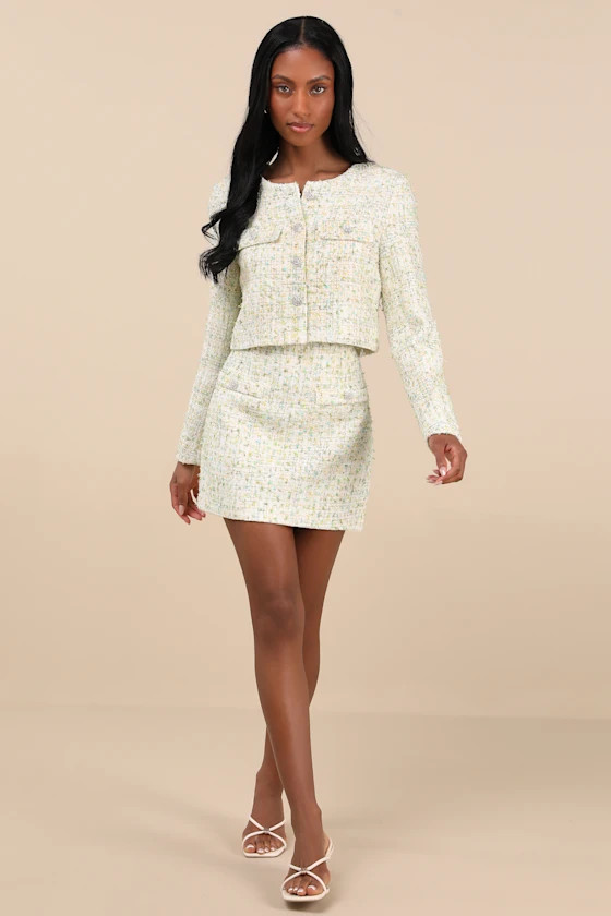 Carlena Green Tweed Rhinestone High-Rise Mini Skirt | Lulus