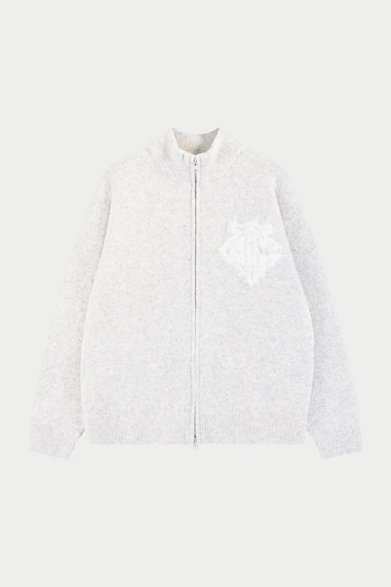 MONOGRAM FLUFFY KNIT ZIP THROUGH - GREY MARL | The Couture Club