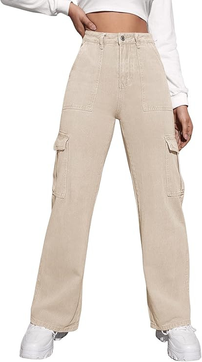 SweatyRocks Women's High Waist Cargo Jeans Flap Pocket Wide Leg Denim Pants | Amazon (US)