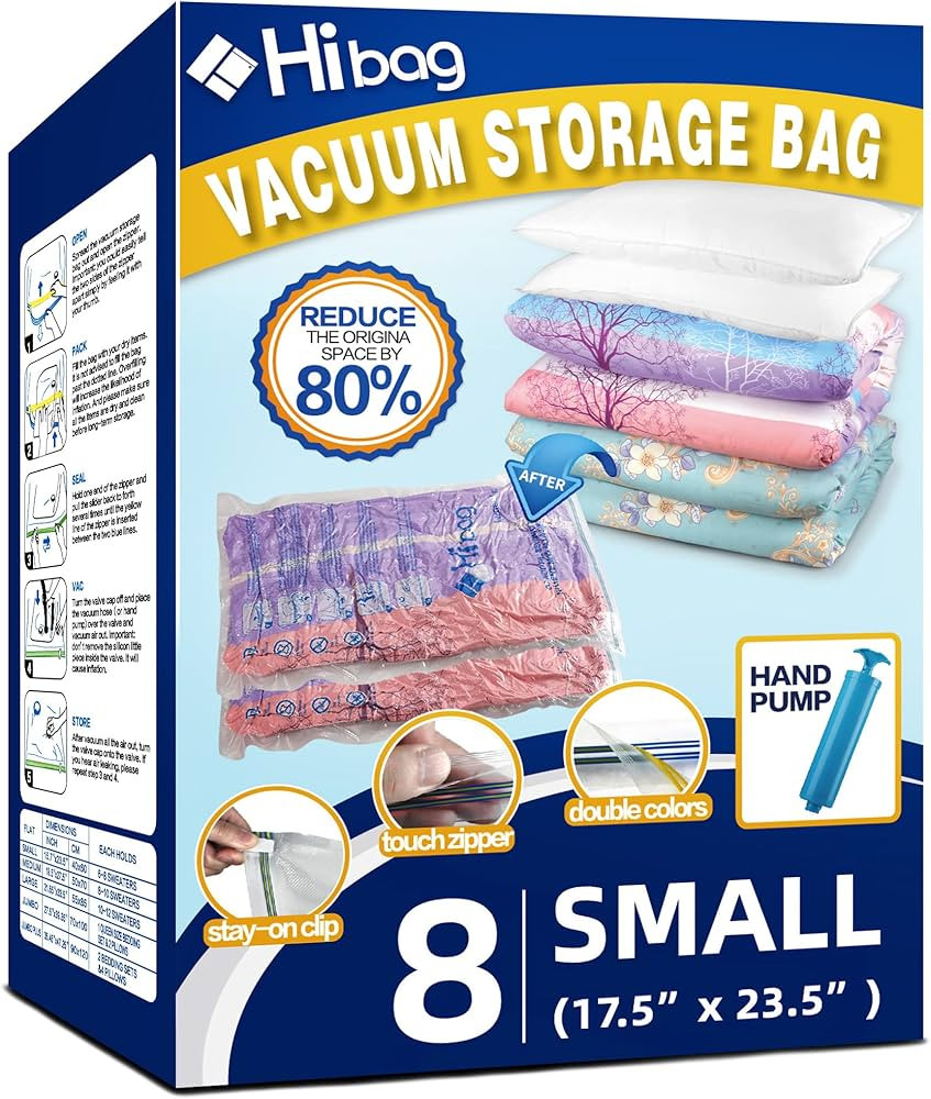 8 Small Vacuum Storage Bags for Clothes, Travel Space Saver Bags, Hand-Pump Included, Clear (8-Sm... | Amazon (US)