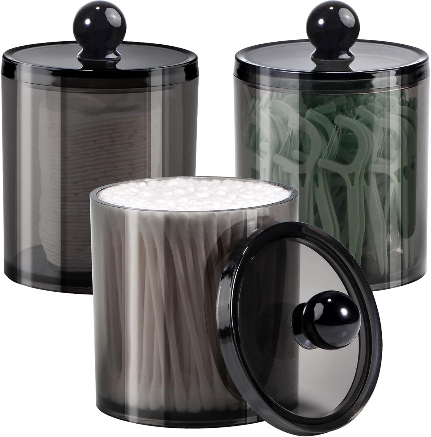 SheeChung 3 Pack Qtip Dispenser Apothecary Jars Bathroom with Labels-12 oz Black Plastic Qtip Hol... | Amazon (US)