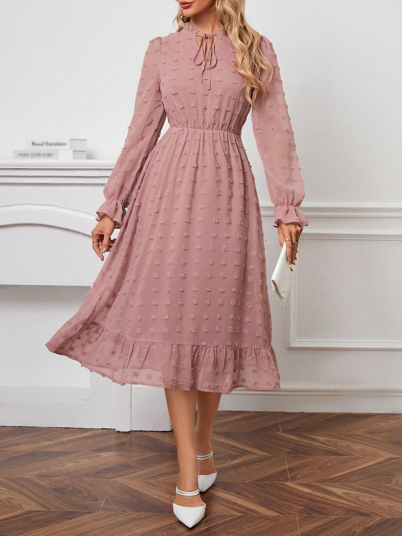 SHEIN Frenchy Swiss Dot Tie Neck Flounce Sleeve Ruffle Hem Dress | SHEIN