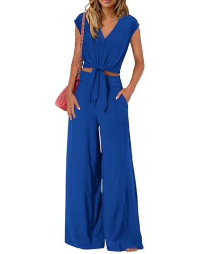 PRETTYGARDEN Women's Summer 2 Piece Outfits 2025 Cap Sleeve V Neck Belted Crop Tops Wide Leg Pant Sets Casual Tracksuit(Solid Blue,XX-Large) | Amazon (US)