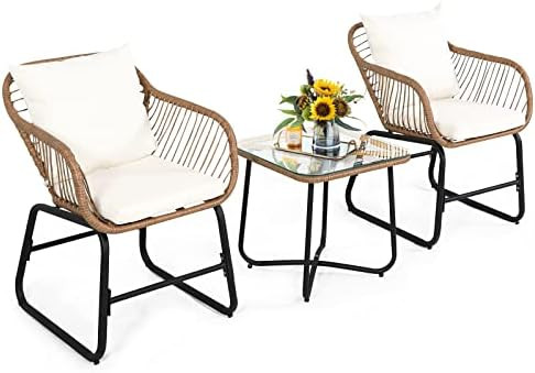 Tangkula 3 Pieces Patio Bistro Set, All Weather Rattan Conversation Set w/2 Armchairs & Square Glass | Amazon (US)