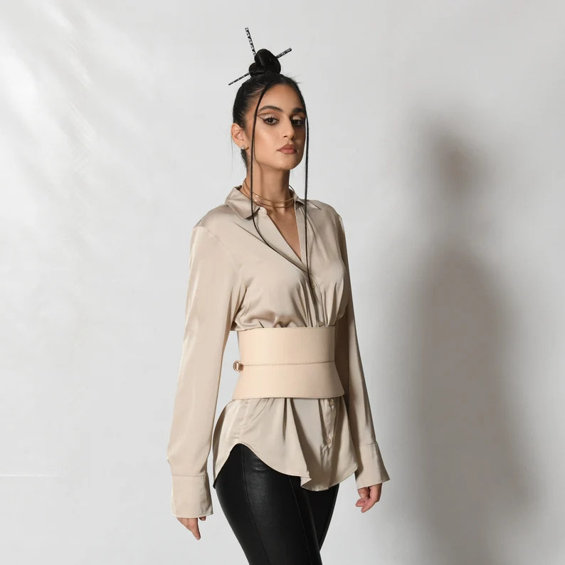 XXS - 5XL Nude Double buckle Leather Corset, Hourglass Curved wide Plain leather waist belt | Etsy (US)