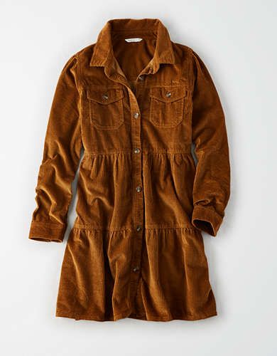 AE Corduroy Long Sleeve Babydoll Dress | American Eagle Outfitters (US & CA)