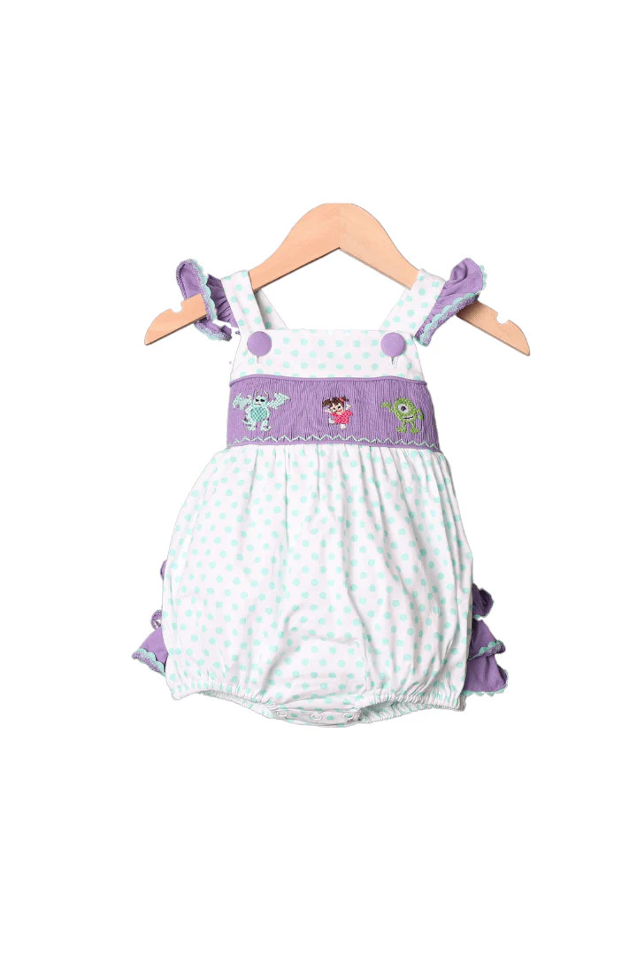 Smocked Monsters Mint and Lavender Ruffle Bubble | The Smocked Flamingo
