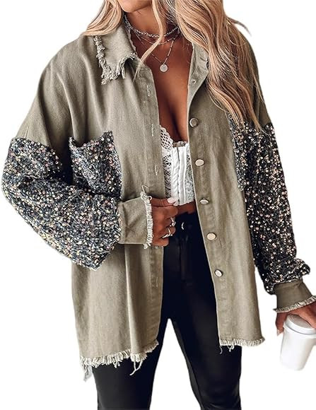 CHICME BEST SHOPPING DEALS Womens Jacket Sequin Patchwork Long Sleeve Jacket Top Button Front Ove... | Amazon (US)