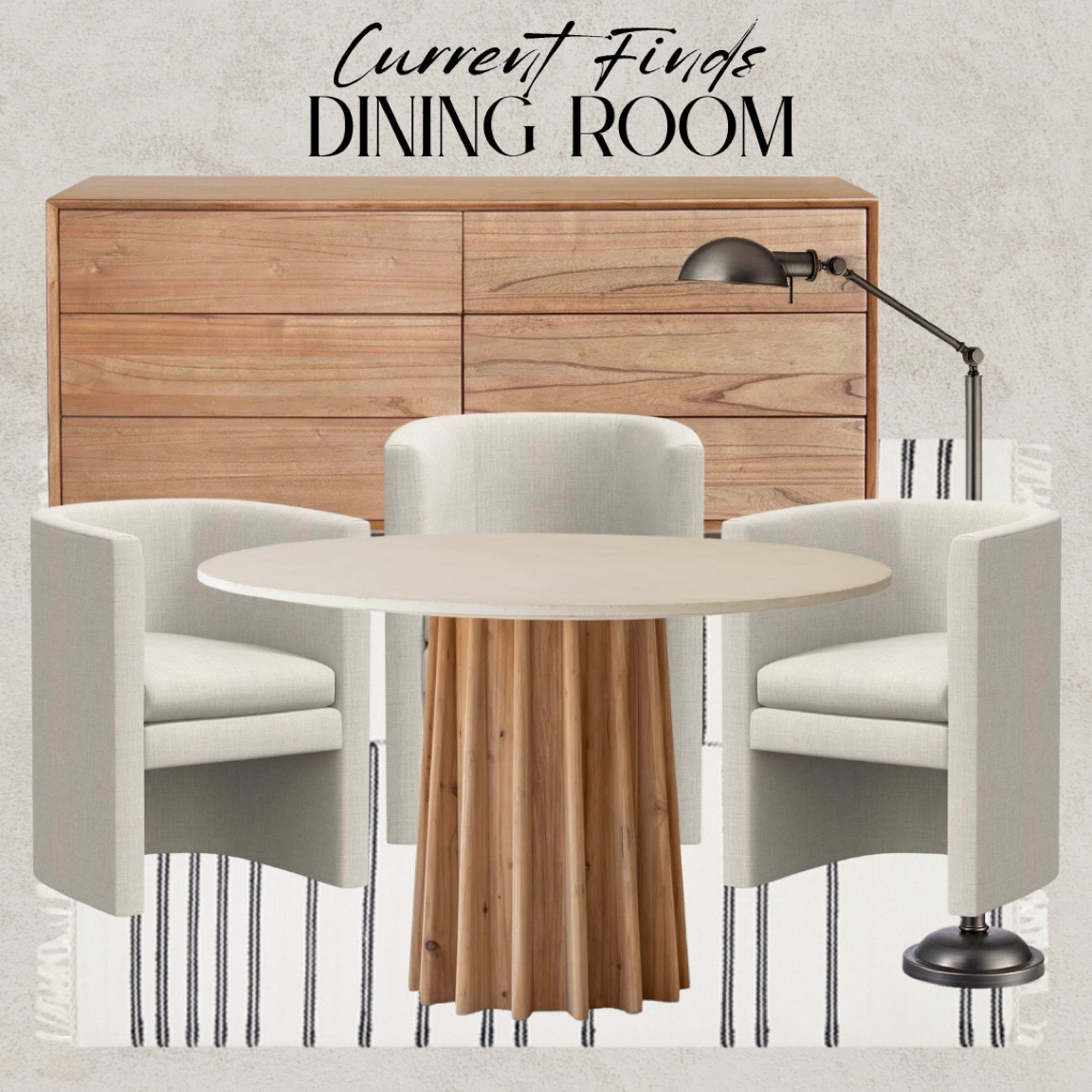 Love this dining table! Items from Apt2B and The Inside. Wood dining table, round dining table, barrel chairs, upholstered dining chairs, sideboard, wooden storage cabinet, black floor lamp, white striped rug

#LTKSale #LTKhome #LTKFind
