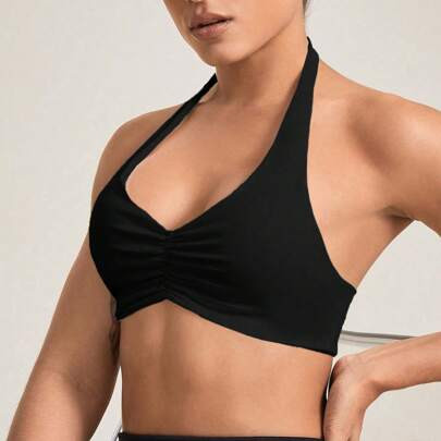 Women's Solid Color Halter Neck Pleated Blouse, Casual Everyday Wear | SHEIN