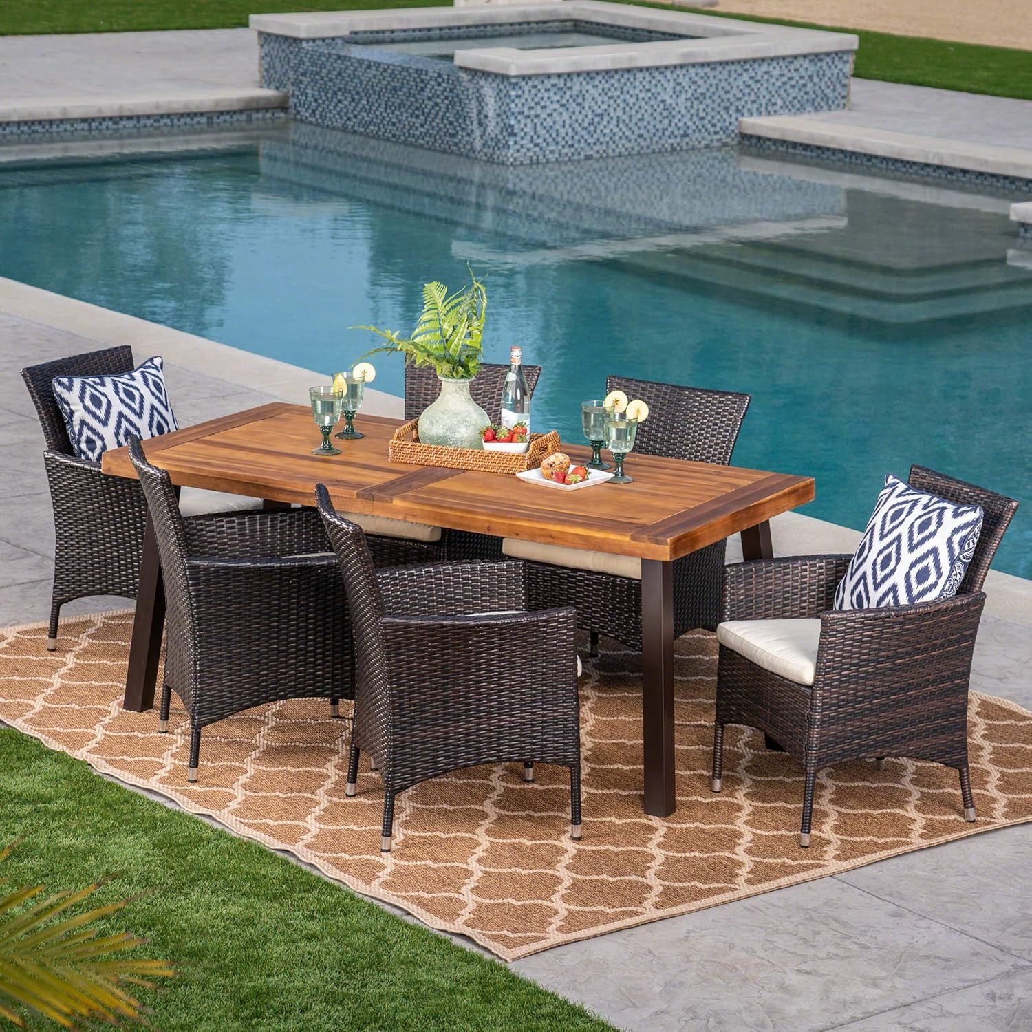 Christopher Knight Home Randy | Outdoor 7-Piece Acacia Wood and Wicker Dining Set with Cushions |... | Amazon (US)