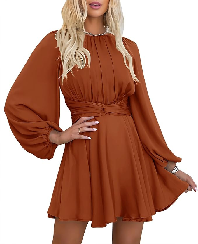 MITILLY Women's Elegant Satin Long Sleeve Round Neck Wrap Tie Waist Flowy Cocktail Party Mini Dre... | Amazon (US)