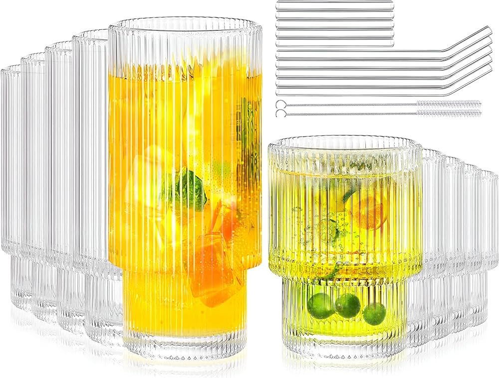 Lvtrupc Ribbed Glass Cups Set of 10- Highball Glasses & Small Water Drinking Glasses, Vintage Flu... | Amazon (US)