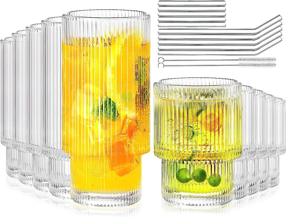 Lvtrupc 10Pcs Ribbed Glass Cups - Highball Glasses & Small Water Drinking Glasses, Vintage Fluted... | Amazon (US)