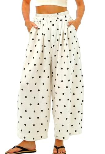 chouyatou Women Summer Boho Cotton Linen Polka Dot Pants Beach Elastic Waist Palazzo Wide Leg Bar... | Amazon (US)