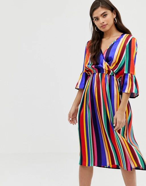 Influence flared sleeve wrap dress in rainbow stripe | ASOS US