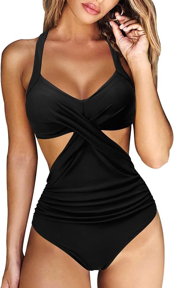 RXRXCOCO Women Front Cross Cutout One Piece Swimsuit Tummy Control High Waisted Monokini Bathing ... | Amazon (US)