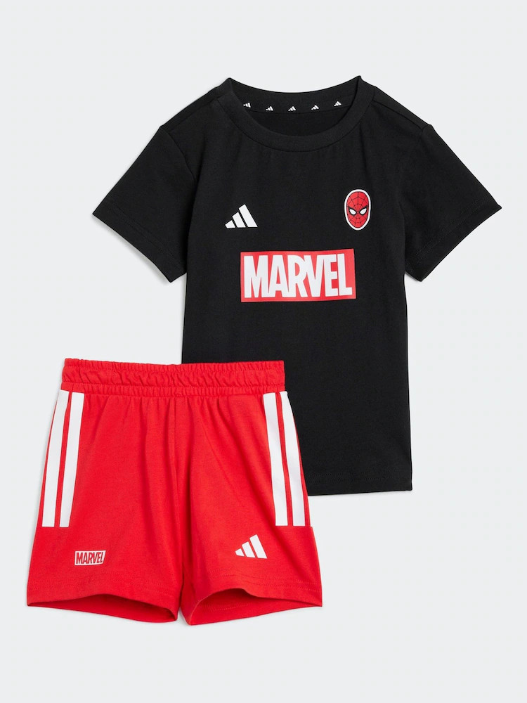 adidas Black Marvel Spider-Man Infant Kids T-Shirt and Shorts Set | Next US
