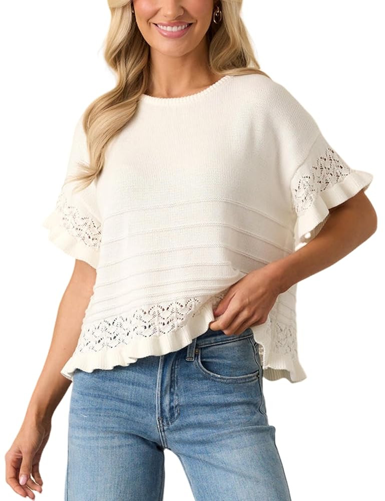Yeokou Womens Short Sleeve Sweater Round Neck Ruffled Hem Knit Crochet Pullover Summer Fall Casua... | Amazon (US)