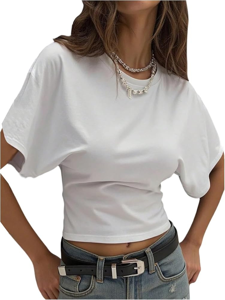 GORGLITTER Women's Cinched Waist Tops Dolman Sleeve Ruched Shirt Short Sleeve Crewneck Going Out ... | Amazon (US)