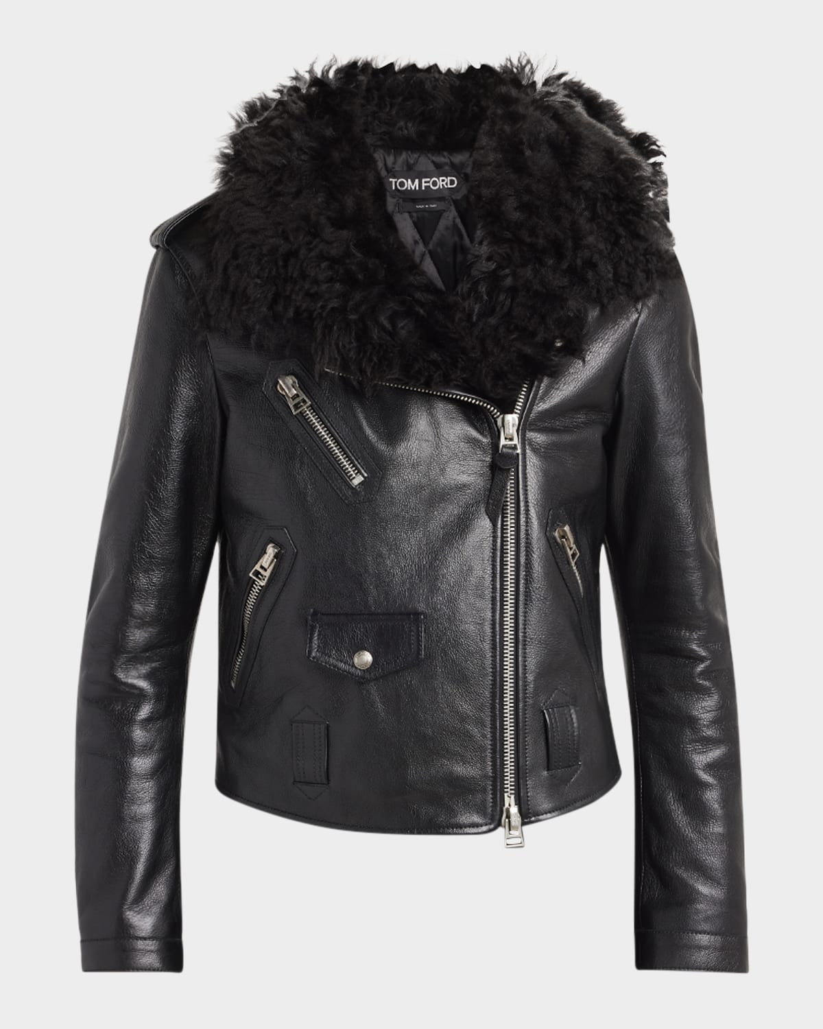 Curly Sheep Shearling Collar Leather Biker Jacket | Neiman Marcus