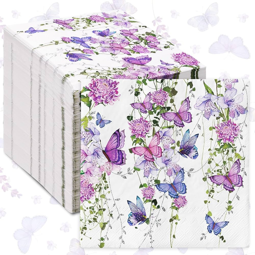 AnyDesign 80 Pack Watercolor Floral Paper Napkins Purple Butterfly Disposable Napkins Spring Flow... | Amazon (US)