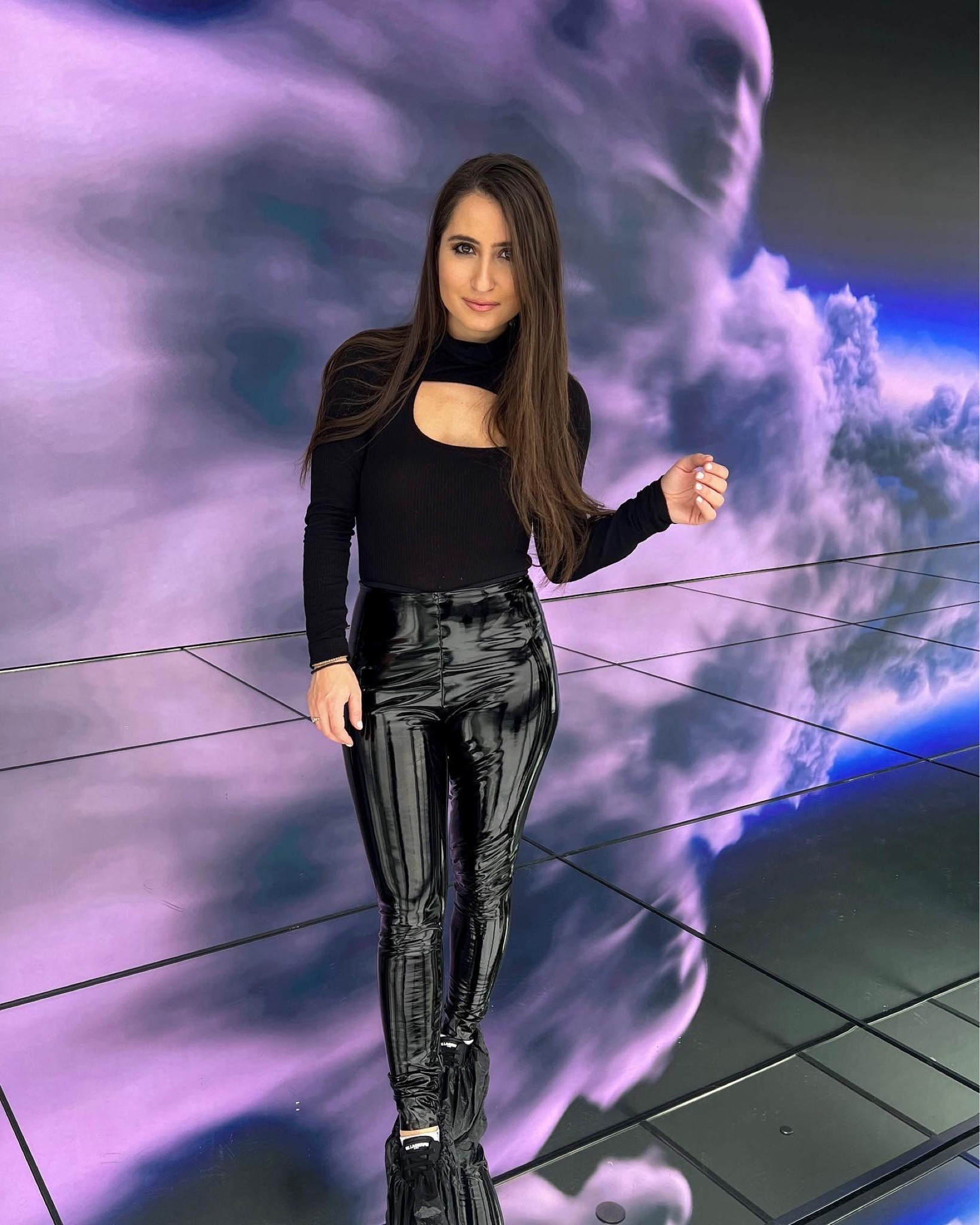 All black outfit with latex leather leggings and the ever so trendy turtleneck sweaters with cutouts. Also not seen in this pic but I paired it with cute appliqué sneakers from Karl Lagerfeld but it would also work great with boots or black heels for a night out look. 

#LTKstyletip #LTKSeasonal #LTKFind