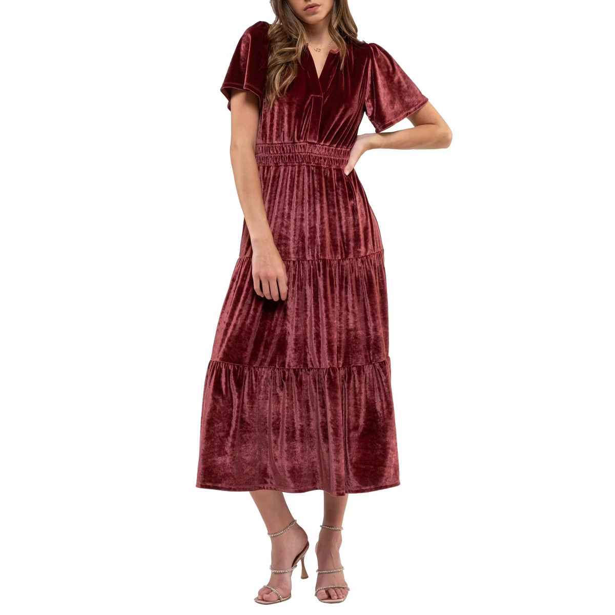 August Sky Women's Velvet Split Neckline Tiered Midi Dress | Target