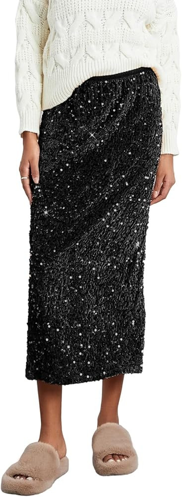 Women's Elegant Sparkly Sequin Midi Skirt Elastic High Waist Shiny Glitter Pencil Formal Party Lo... | Amazon (US)