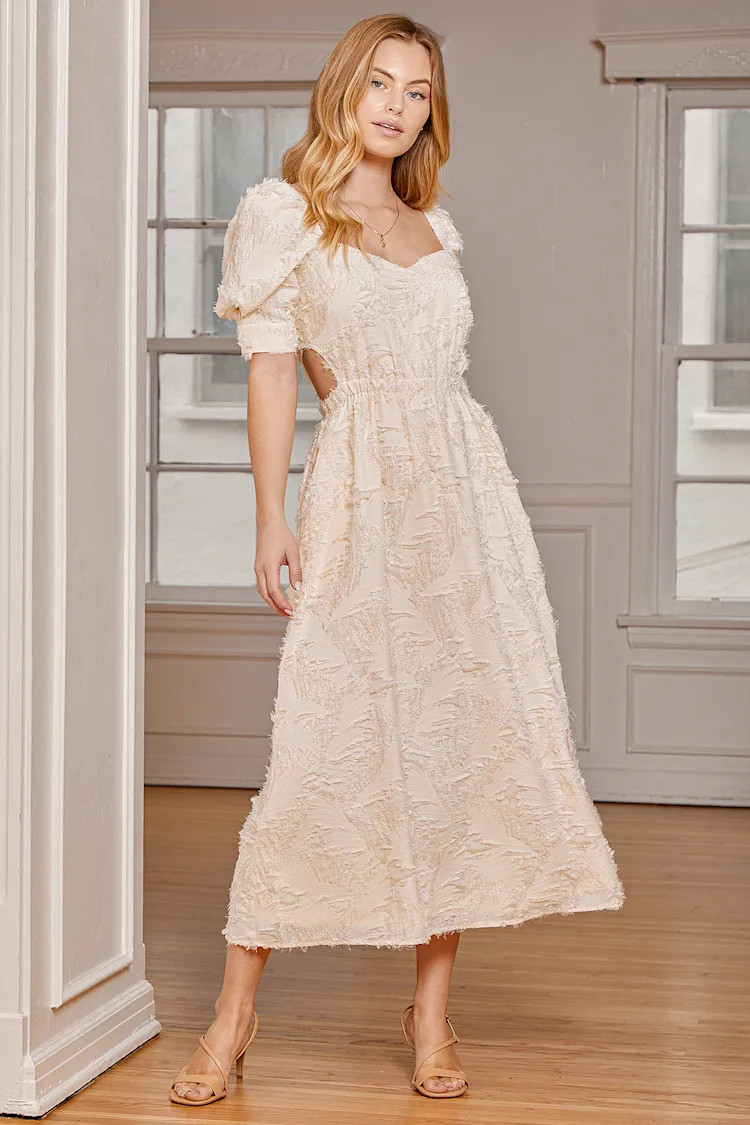 Unending Love Cream Jacquard Cutout Puff Sleeve Midi Dress | Lulus (US)