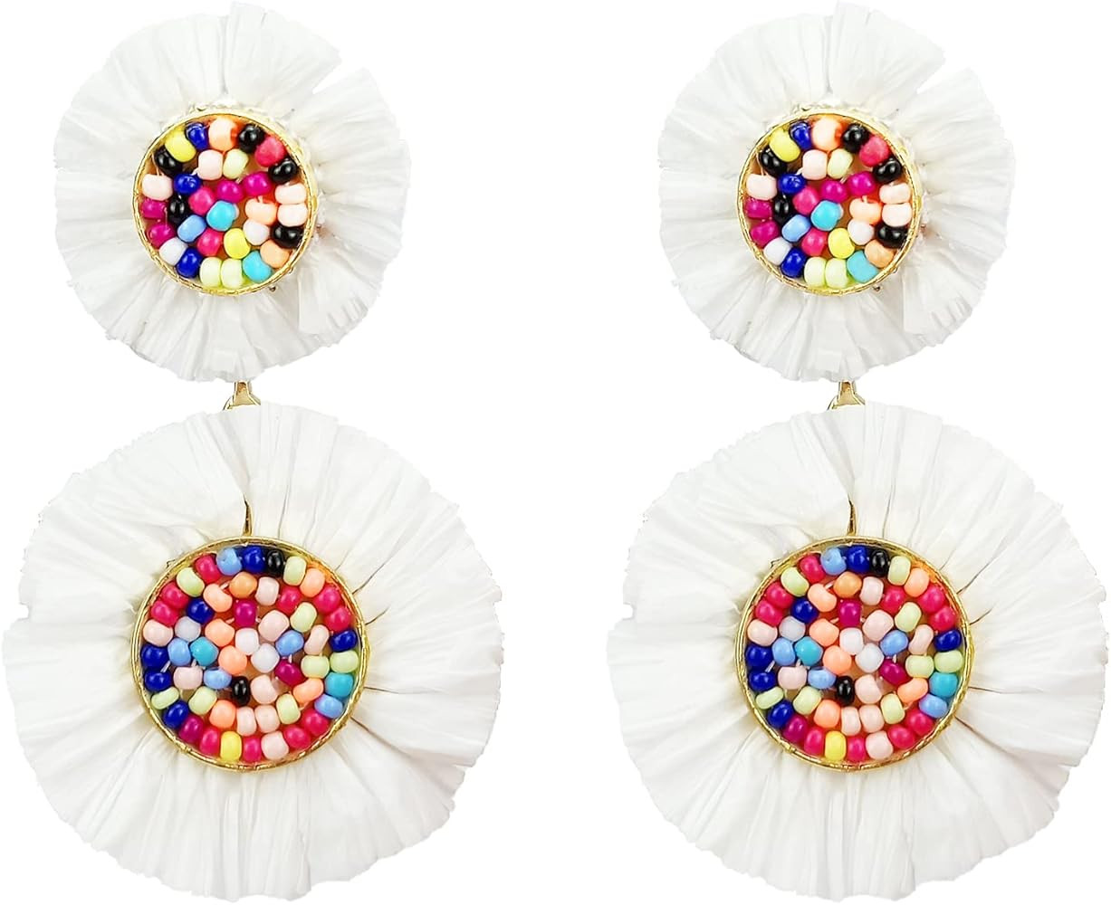 Amazon.com: Boho Statement Earrings Beaded Raffia Palm Bohemian Lightweight Tiered Drop Dangle Ea... | Amazon (US)