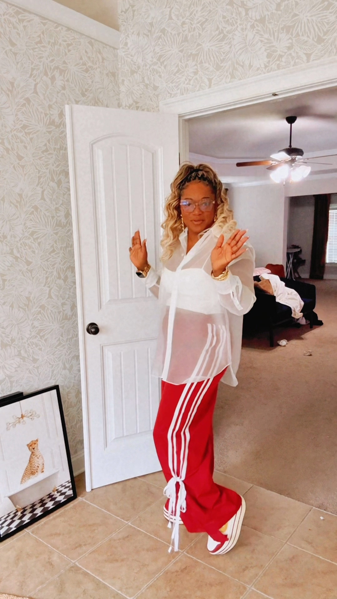 OOTD ❤️

Sheer Antonio Melani shirt from Dillard’s
Red stripe track pants from Amazon
Chunky Nike Jordans to finish the look 👟

Sporty, comfy, and still cute.

#OOTD #AmazonFashion #DillardsStyle #JordanStyle #StreetStyle #FashionOver40 @amazonstylefinds 

#LTKgrwm #LTKOver40 #LTKSpringSale