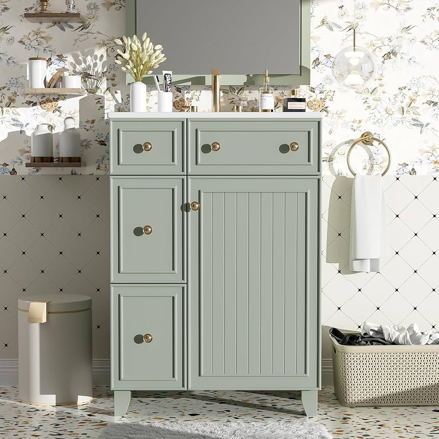 24-Inch Bathroom Vanity Cabinet with Ceramic Sink, 2 Drawers, 1 Door, Green Color | Amazon (US)
