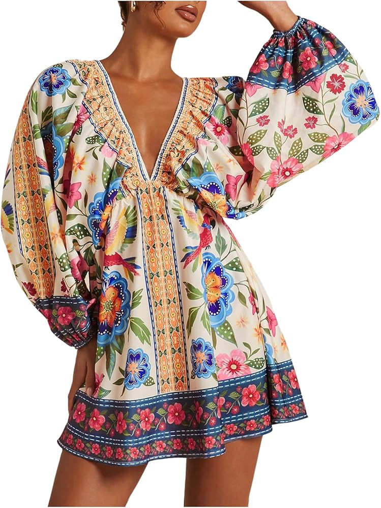 RoseSeek Women's Boho Floral V Neck Mini Dresses Bishop Sleeve Tie Open Back Tropical Dress | Amazon (US)