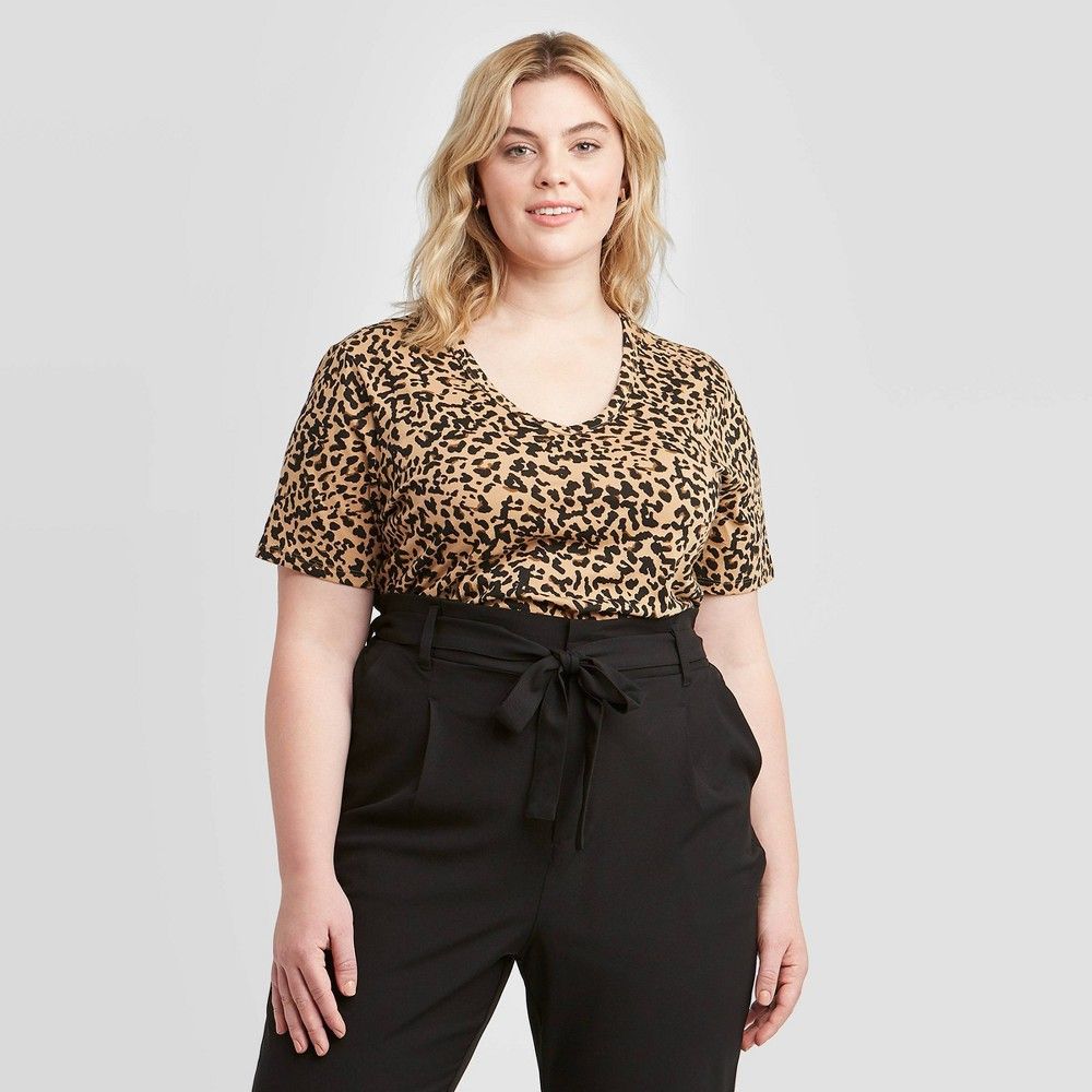 Women's Plus Size Leopard Print Short Sleeve V-Neck Slim Fit T-Shirt - Ava & Viv Brown 3X | Target