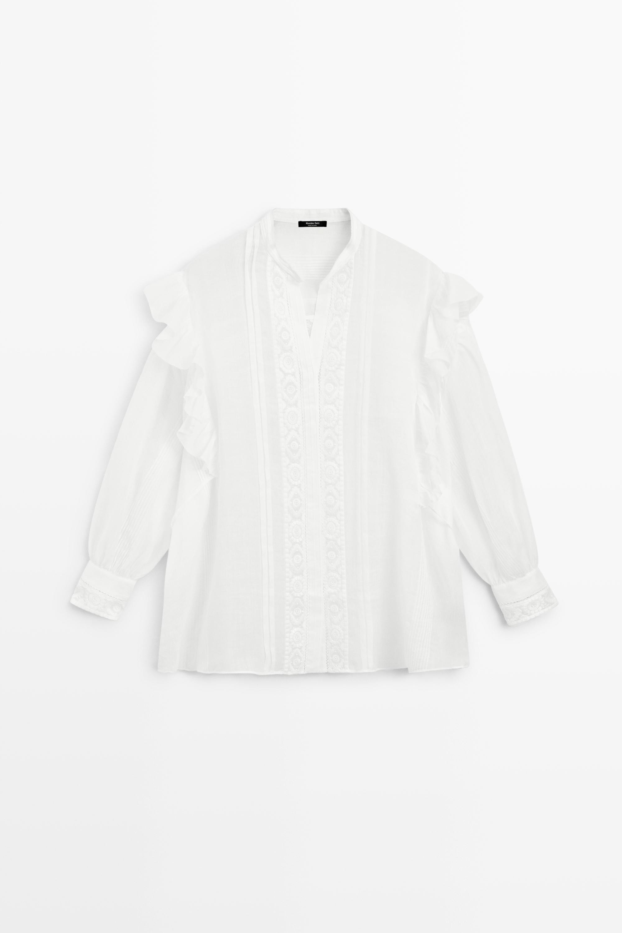Stand collar blouse with embroidery and ruffles - WHITE | Massimo Dutti US