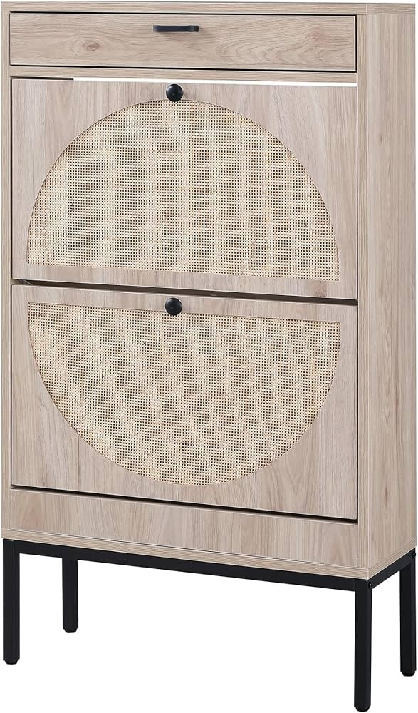 XIAO WEI Shoe Cabinet, Natural Semi Circle Rattan Shoe Storage Organizer Cabinet with 2 Flip Draw... | Amazon (US)